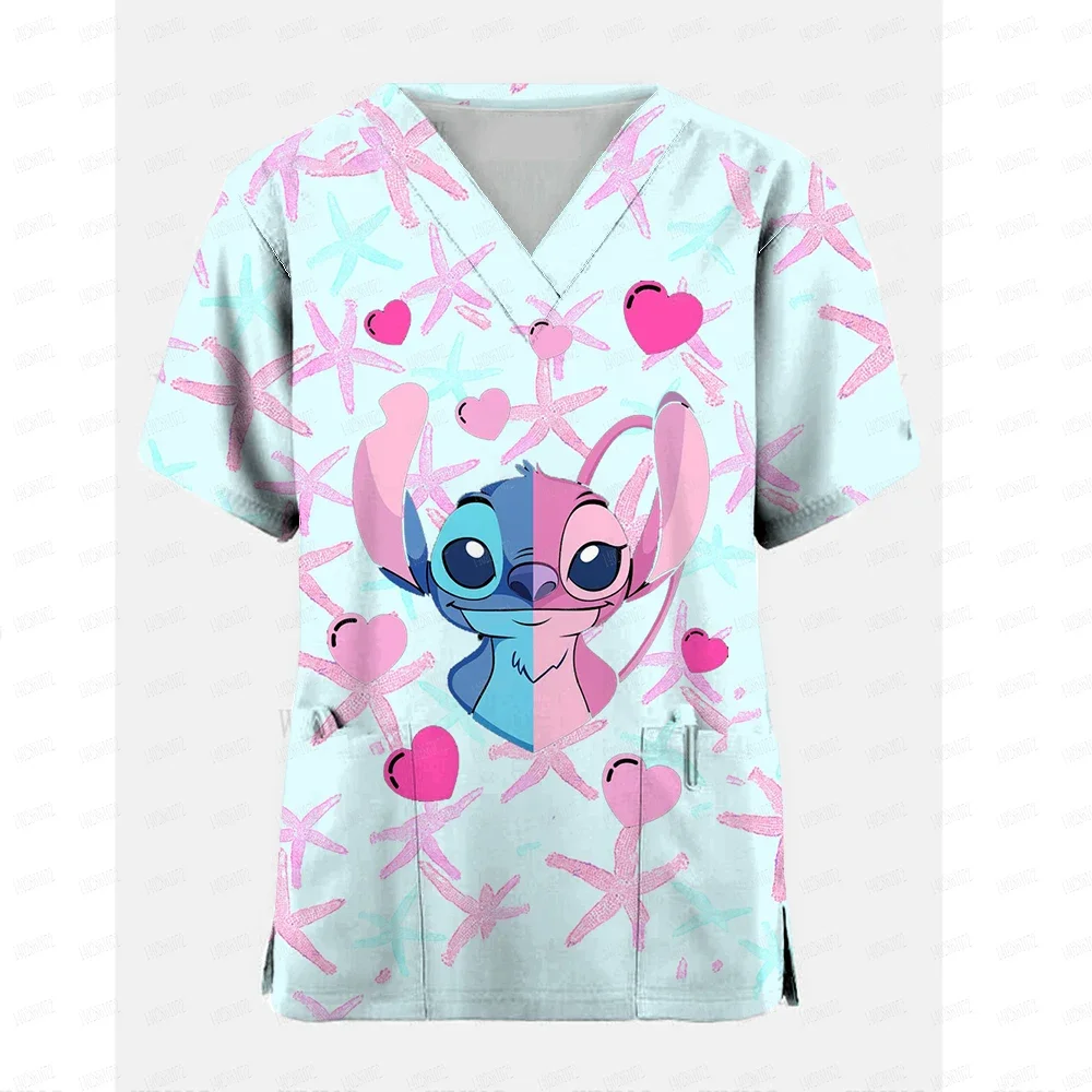 

New Nurse Uniform for Ladies Lovely Disney Stitch Print Short Sleeve V-neck Female Tops Trendy Y2k Style Women's Clothing