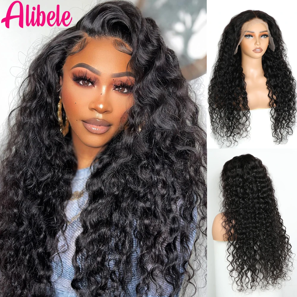 

ALIBELE 13X4 Water Wave Lace Frontal Wig Human Hair Transparent Lace Front 150 Density Wig Pre Plucked Natural Black 12A