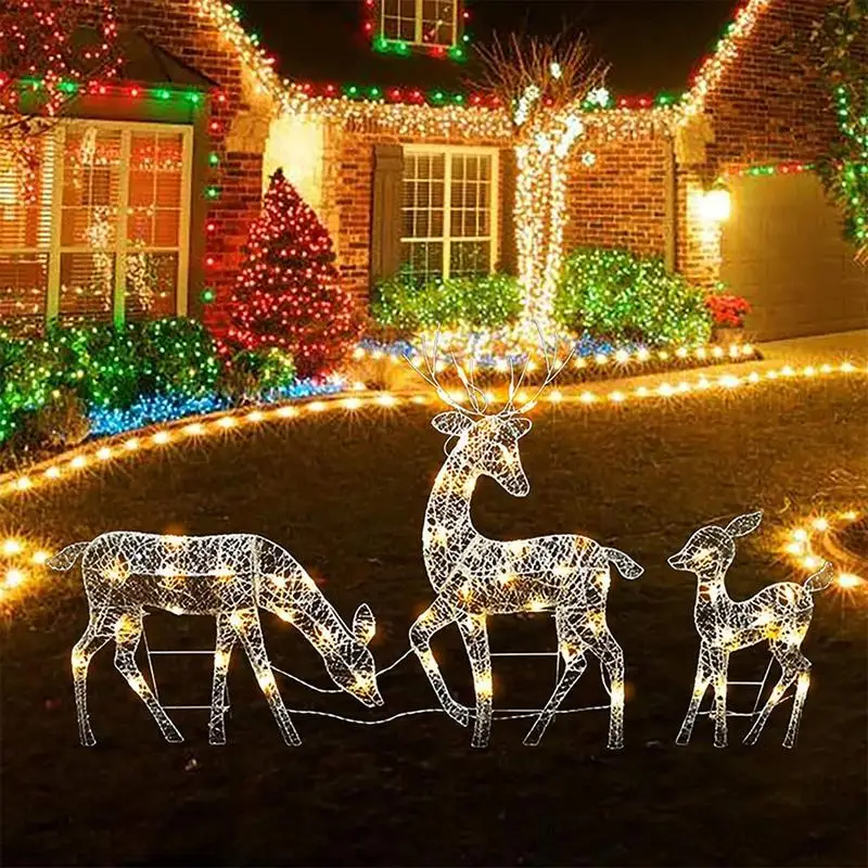 Arte de hierro hecho a mano, alce, ciervo, decoración de jardín de Navidad, luz LED brillante, Reno, adorno de patio al aire libre para el hogar, 3 piezas