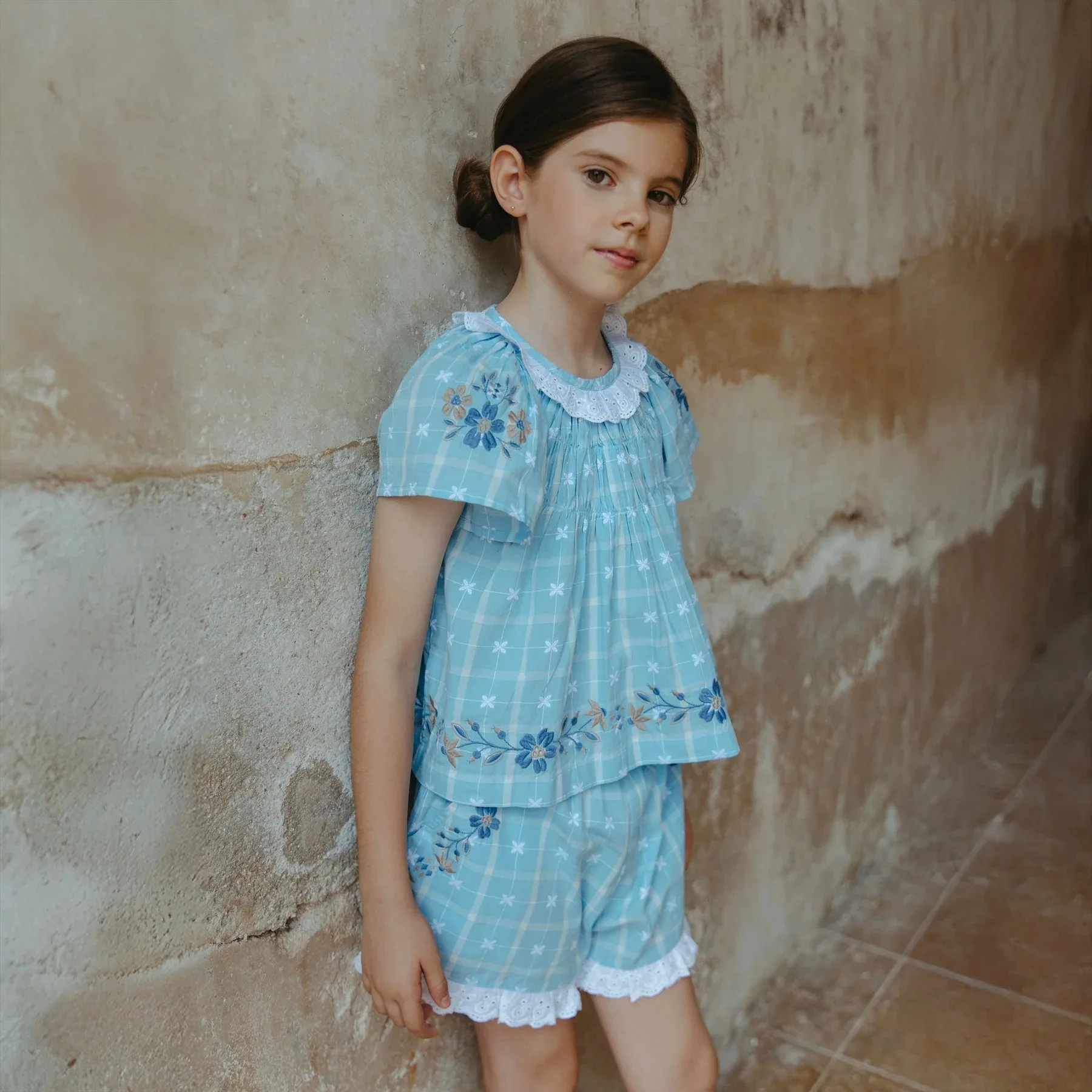 Children's Set 2026 Summer EM Country Style Girls' Heavy Embroidery Flower Top and Shorts and Belt Pants Two-piece Set