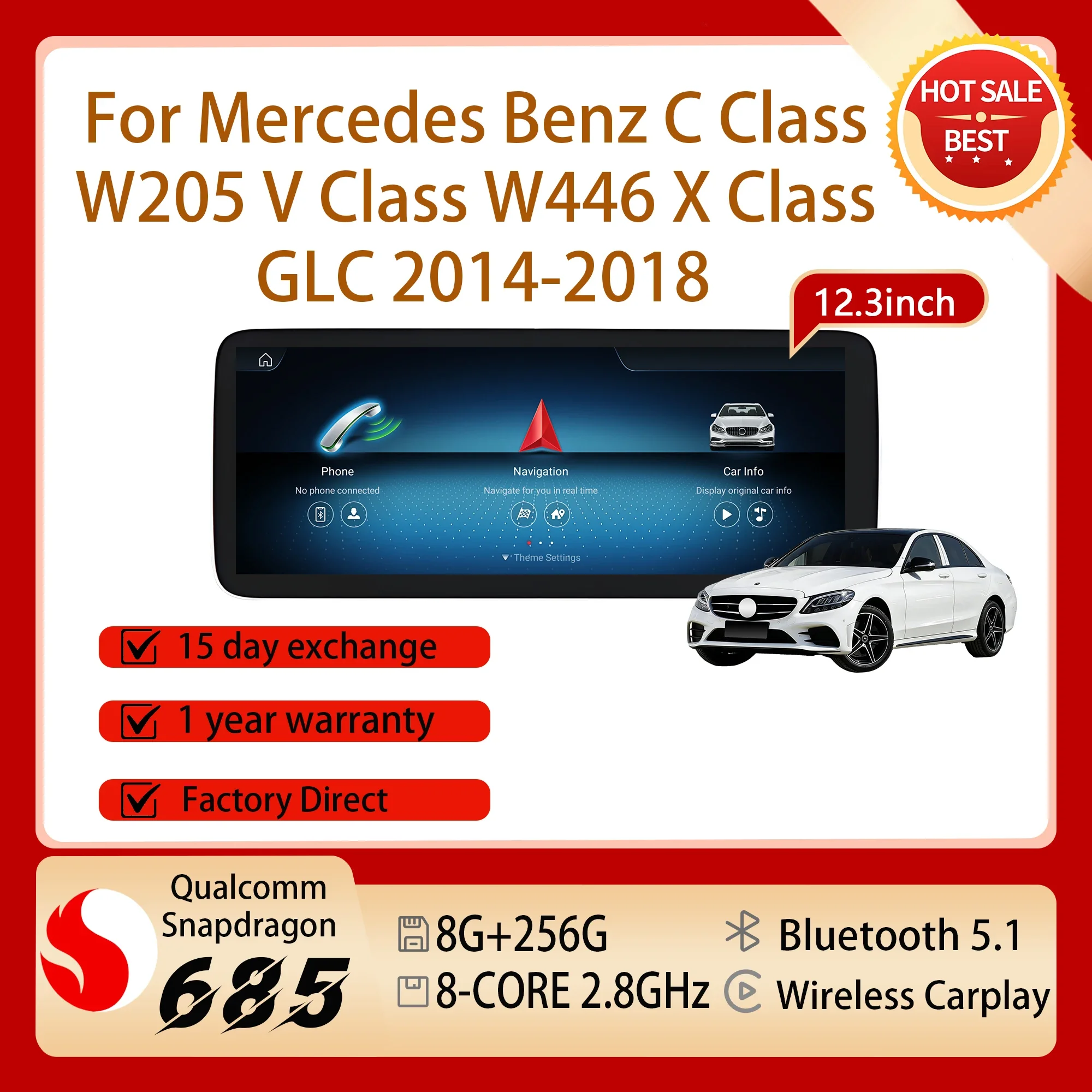 12.3 inch Radio Screen For Mercedes Benz C Class W205 V Class W446 X Class GLC 2014-2018 Carplay GPS Android 14 Snapdragon 685
