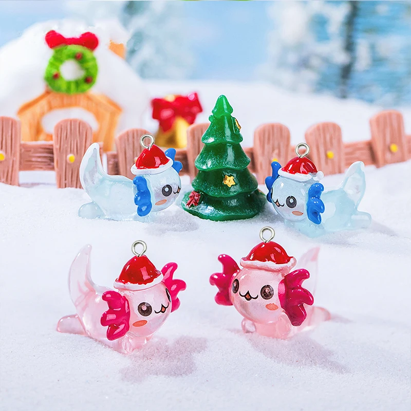 10Pcs Luminous Resin Axolotl Charms Kawaii Cartoon Christmas Hat Hexagon Dragon Pendant for Earrings Bracelet DIY Jewelry Making