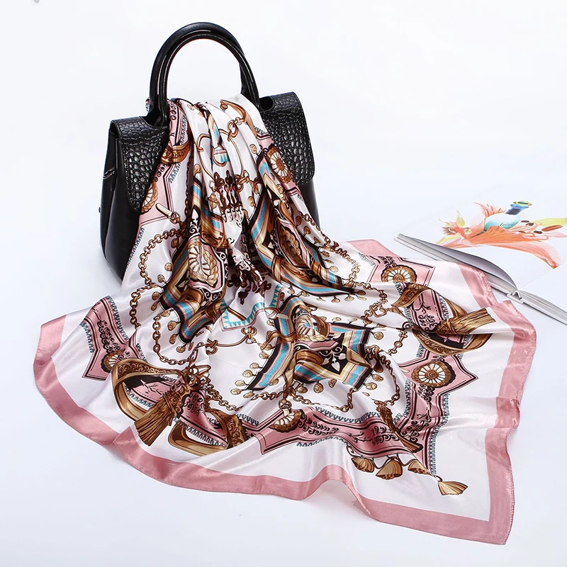 Satin Square Scarf Women Muslim Hijab Elegant 2026 Chains Print Neckerchief Shawl Wraps Headband Handle Hair Accessories Bandana view 4