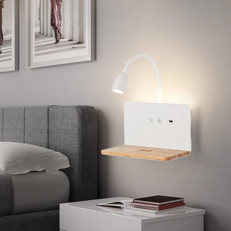 Lámpara LED de pared de madera para interiores, iluminación moderna e inalámbrica con interruptor USB para lectura, luz de pared de 8W para sala de