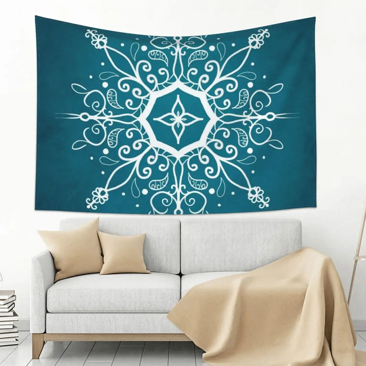 

Mandala Teal and White Tapestry
