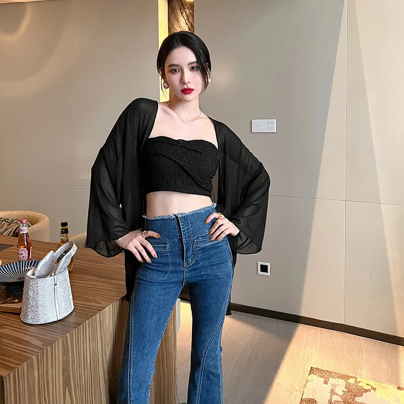 

Новая летняя женская повседневная темпераментная рубашка с кондиционером, черная модная шифоновая однотонная солнцезащитная одежда