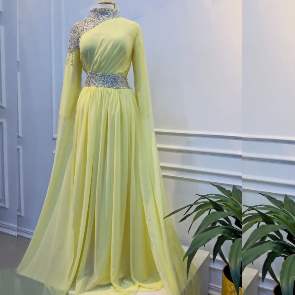 

Customized High Quality Chiffon Sequined Pleat A-line Collar Long Dresses Bespoke Occasion Sparkle