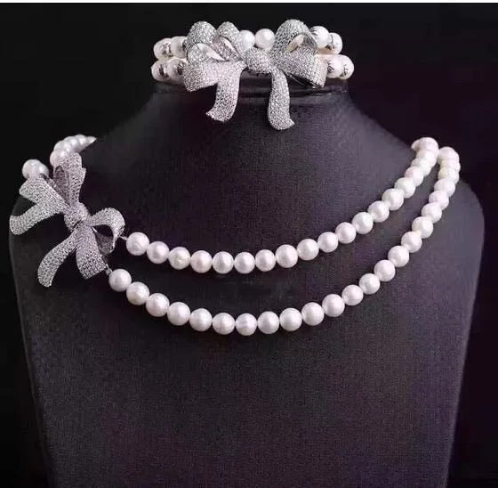 natural hand woven pearl 8-9mm fresh water with zircon micro inlay Bowknot necklace  Bracelet