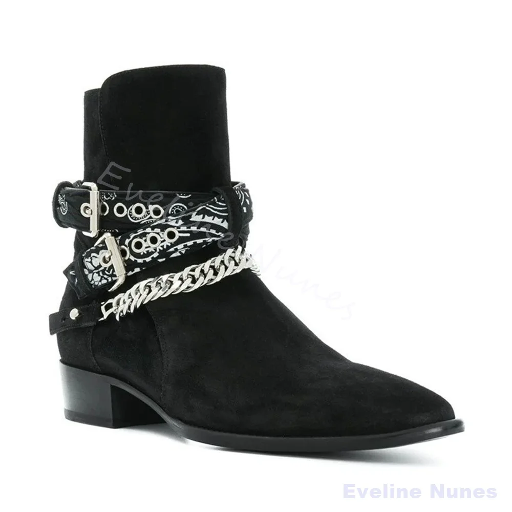 Black Suede Western Cowboy Ankle Boots Men Pointed Low Block Heel Metal Chain Buckle Strap Punk Gothic Street Motorcycle Boots