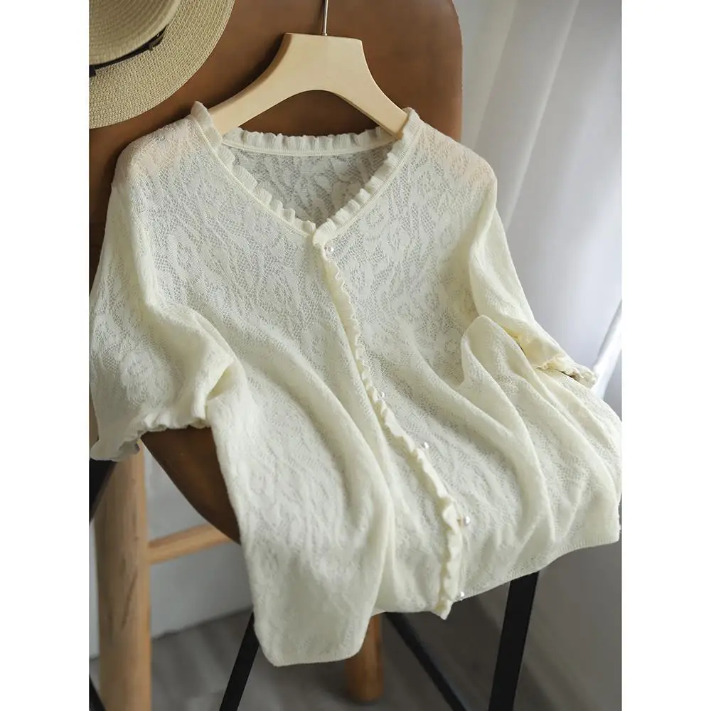 스웨터 니트 스웨터 여성 풀오버 패션 V넥 홀로우 니트 스웨터 풀오버 여성 탑 반팔 니트웨어 Q2790