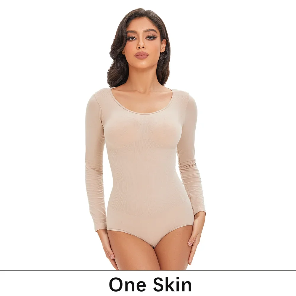 POKARLA Spandex Elastischer Bodysuit Shapewear Damen Körperformer Bauchkontrolle Langarm Offener Schritt Rundhals Nahtlose Shapewear