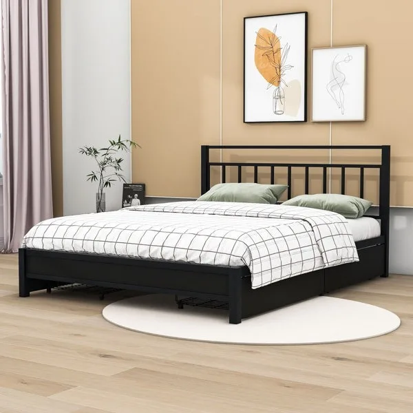 Manufacturer Wholesale Price King Size Metal Frame Bed with Four Drawers Black No Noise