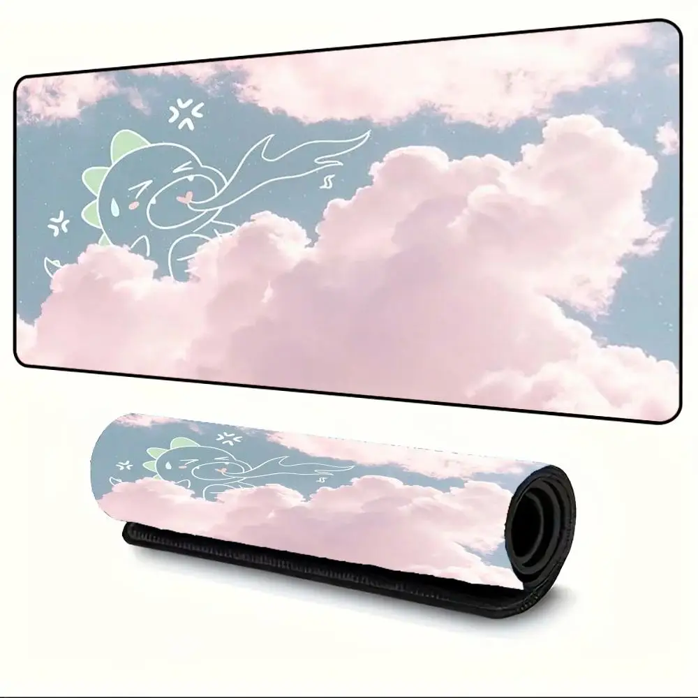 Pink Cloud Dinosaur Large Gaming Mouse Pad Non-slip Rubber Base Desk Mat Stitched Edges for Home Office Laptop Accessories