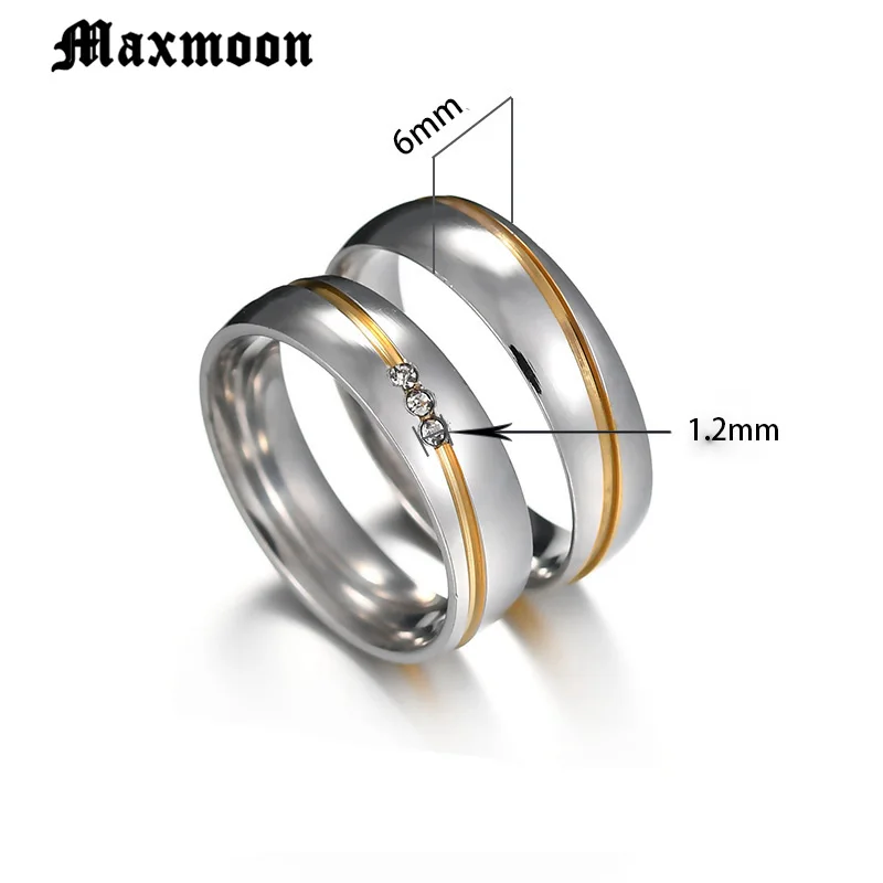 Maxmoon  2019 New  Gold color Stainless Steel Wedding Bands Shiny Crystal Ring for Female Male Jewelry 6mm Engagement Ring