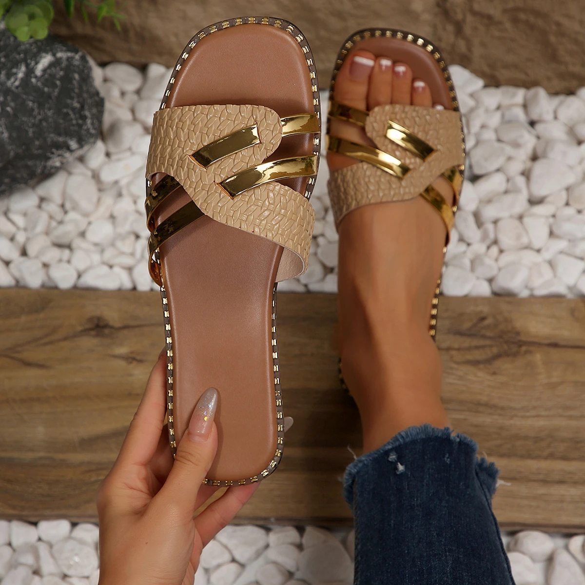 Sandalias de Mujer, Estilo Verano, Trenzadas, Versátiles, Casuales, con Suela Suave, Chanclas de Mujer, Zapatos de Mujer