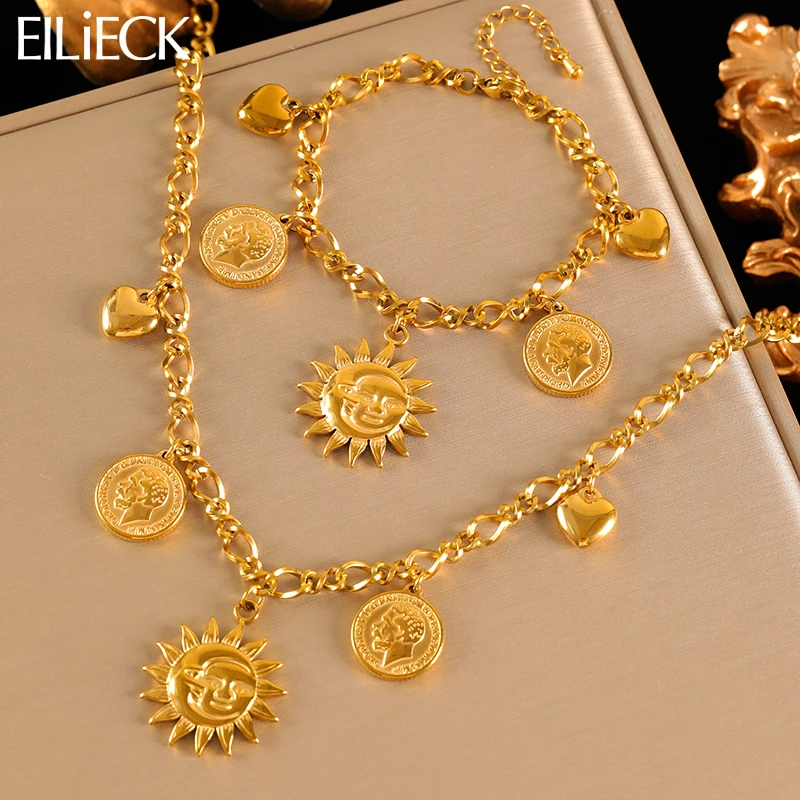 

EILIECK 316L Stainless Steel Metal Gold Color Sun Coin Heart Necklace Bracelet Set For Women Trendy Water Resistant Jewelry Gift