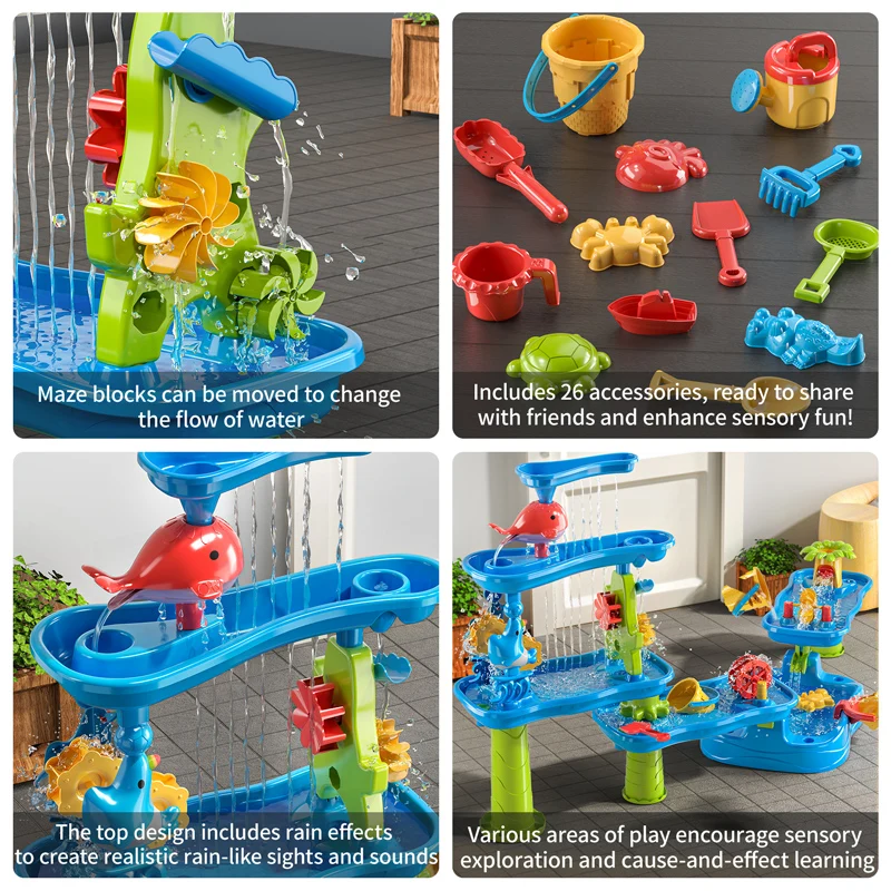 Sand Water Table toy, Rain Showers Pond Sand Water Table, 3-Tier 4 Areas, Beach Summer Outside Toys for Age 3-8