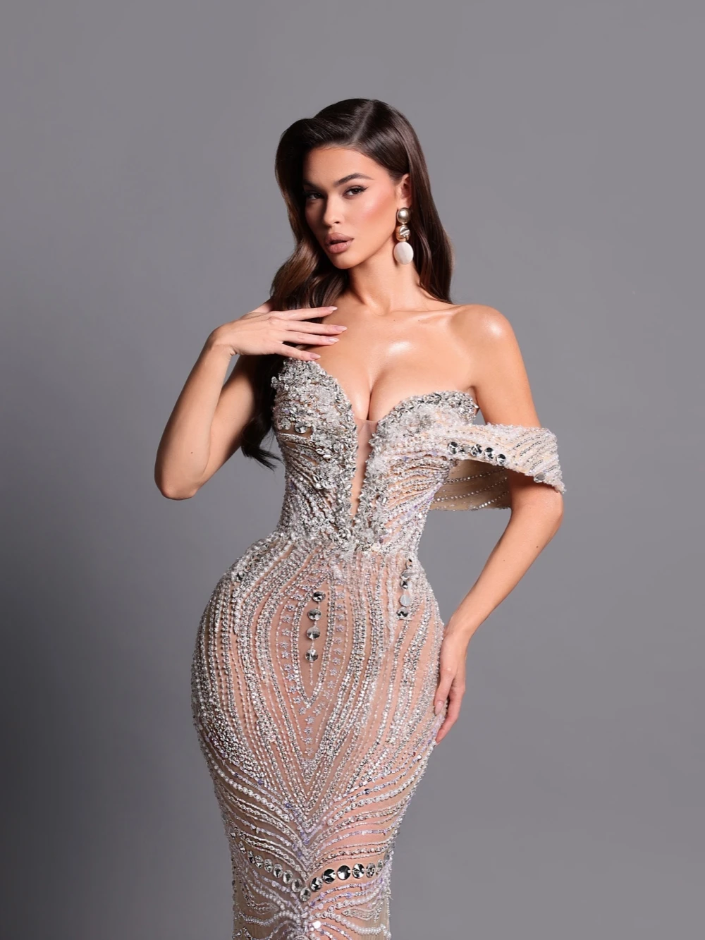 

Glitter Charming Beaded Mermaid Long Evening Dress Sexy Deep V-neck One Shoulder Wedding Party Gown New Customized Prom Dresses