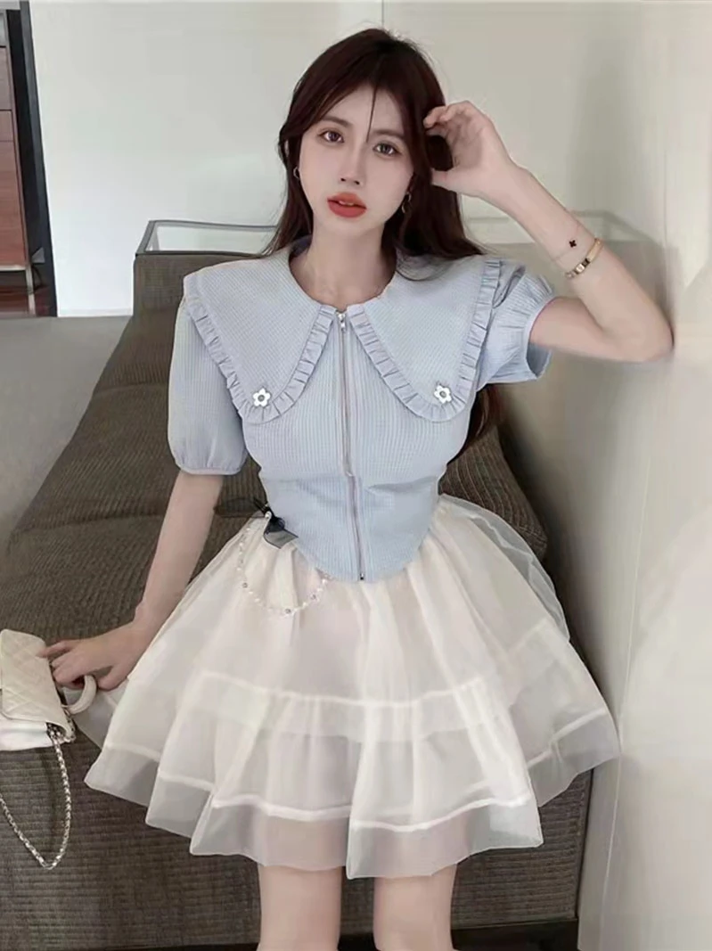 

Sweet Spicy Miniature Doll Collar Half-length Skirt Set Women's Summer Design Sense Korean Style round Neck High Waist Fashion