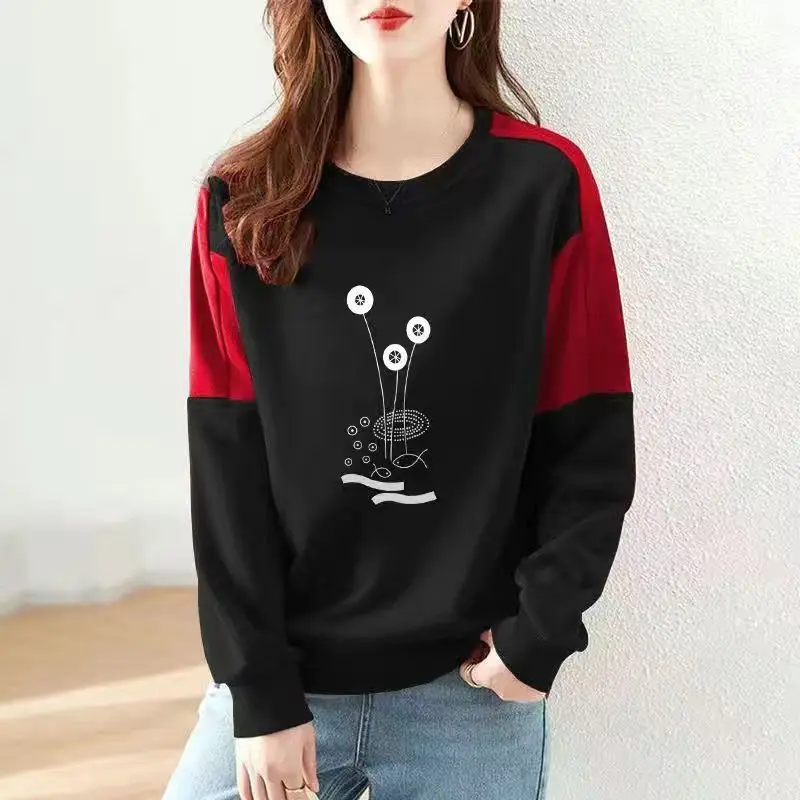 Women Trendy Contrast Color Print Casual Streetwear Sweatshirts Y2K Autumn Female O Neck Long Sleeve Loose Cotton Pullover Tops