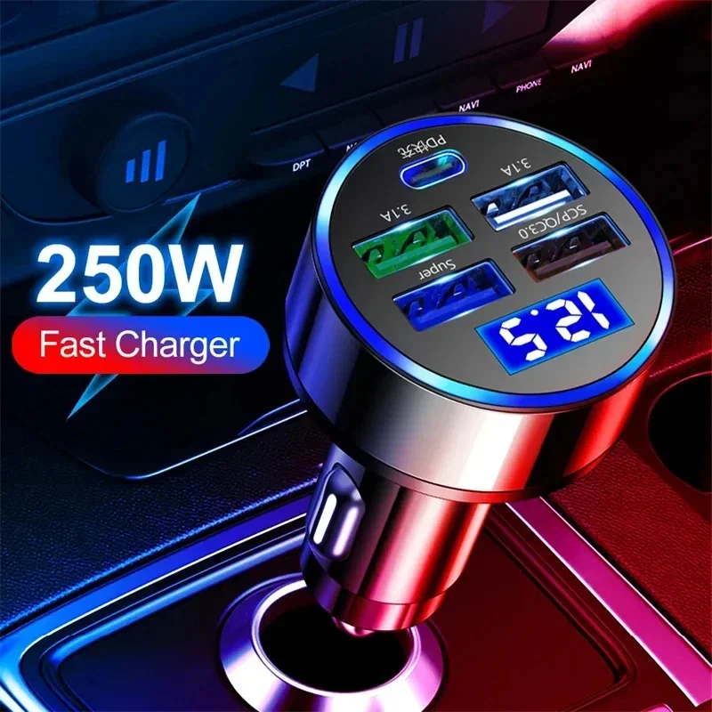PD 5 in 1 QC3.0 Autoladegerät 12-24V Handy-Adapter mit Digitalanzeige 4 USB Typ C Schnellladung für iPhone Samsung Huawei Xiaomi