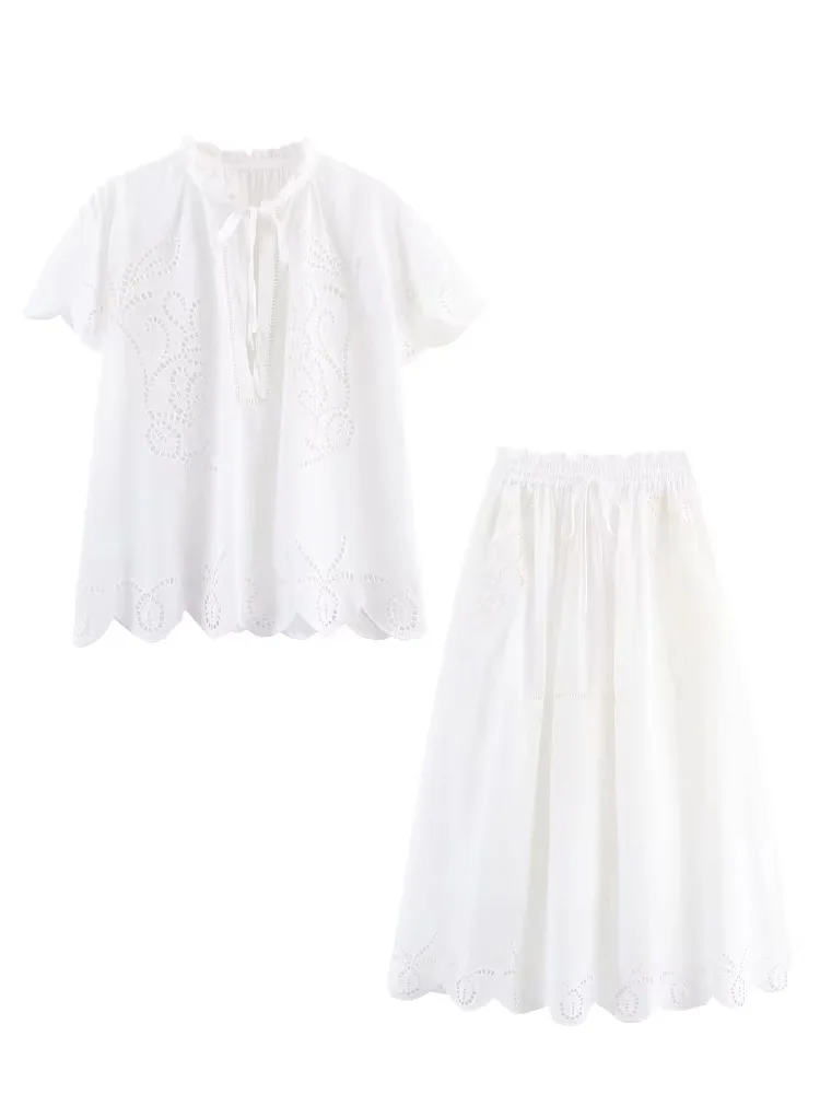 

HH летний женский костюм с белой юбкой, шикарный круглый воротник, шнуровка, топ с короткими рукавами и вышивкой + модная тонкая полая однотонная длинная юбка