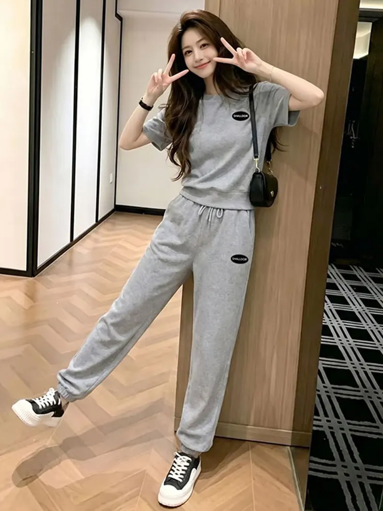 

Casual Sporty Grey Short Sleeve T-Shirt Drawstring Pants Two-Piece Set Women's Summer New Style Leisure Feeling Outfit