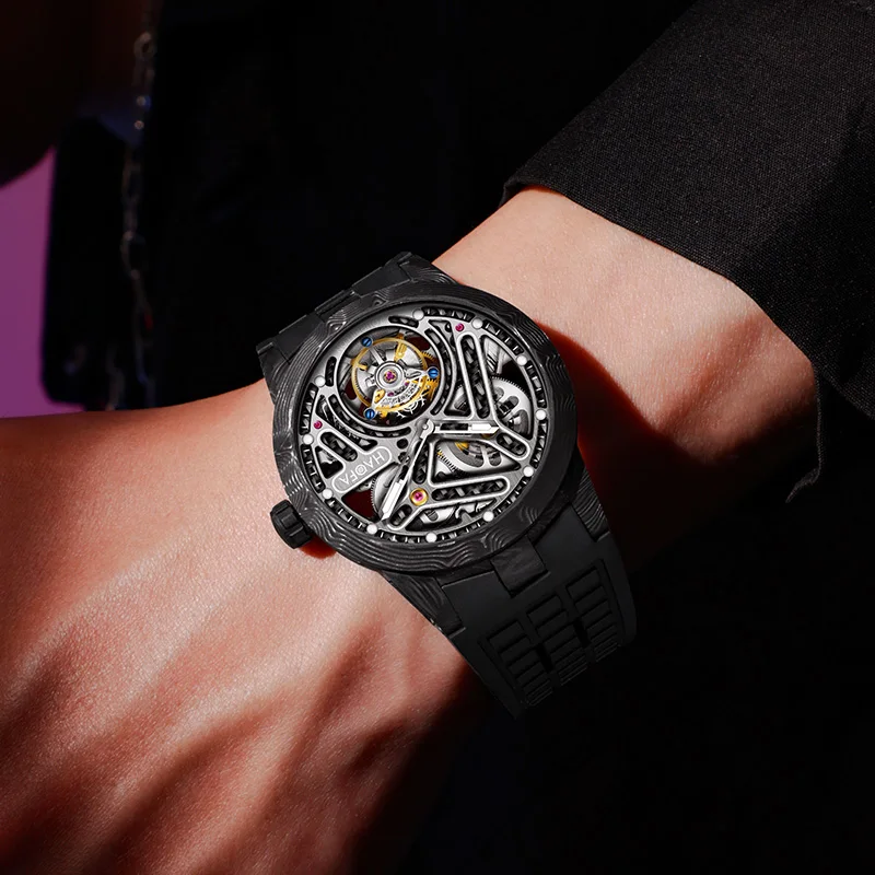 Haofa Flying Tourbillon Watch Men Automatic Movement Hollow Skeleton Luminous Mechanical Carbon Fiber Wristwatch Fashion 2330