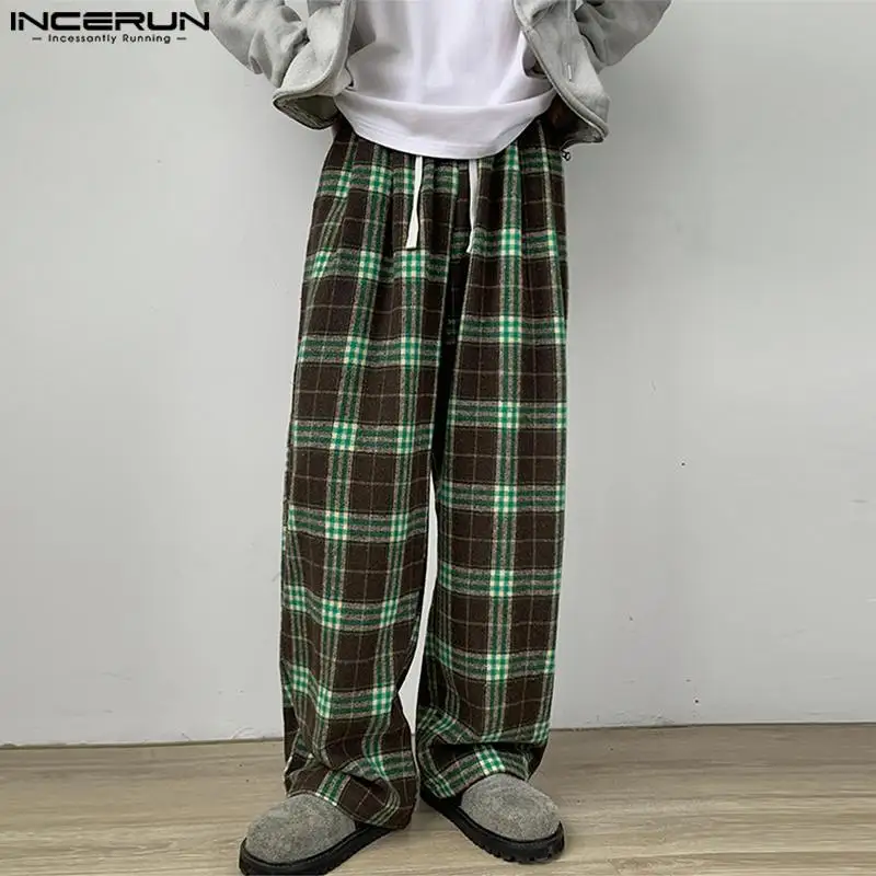 INCERUN 2024 Korean Style New Men's Trousers Fashion Street Long Pant Loose Casual Color Blocking Plaid Wide Leg Pantalons S-5XL