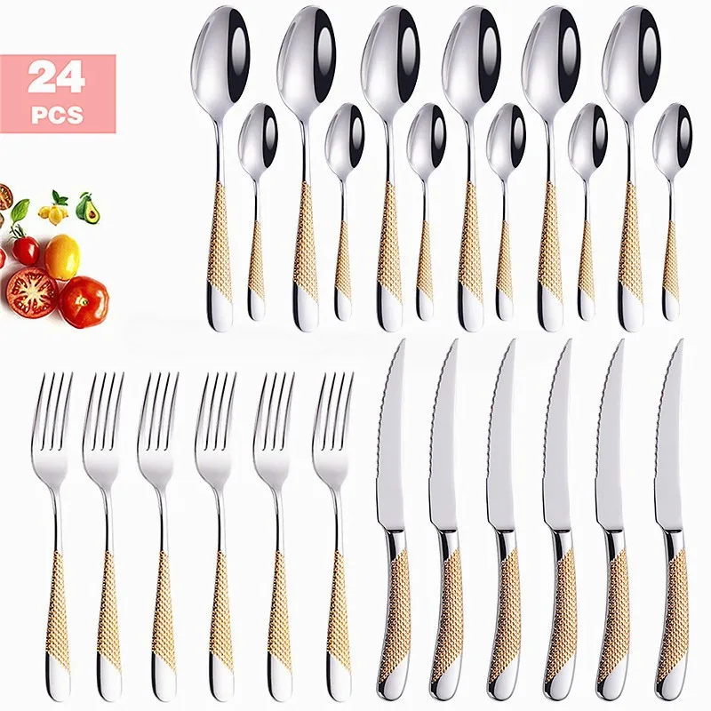 24pcs Gold Cutlery Set Forks Knives Spoons Tableware Set Stainless Steel Dinnerware Set High Quality  Flatware Dropshipping