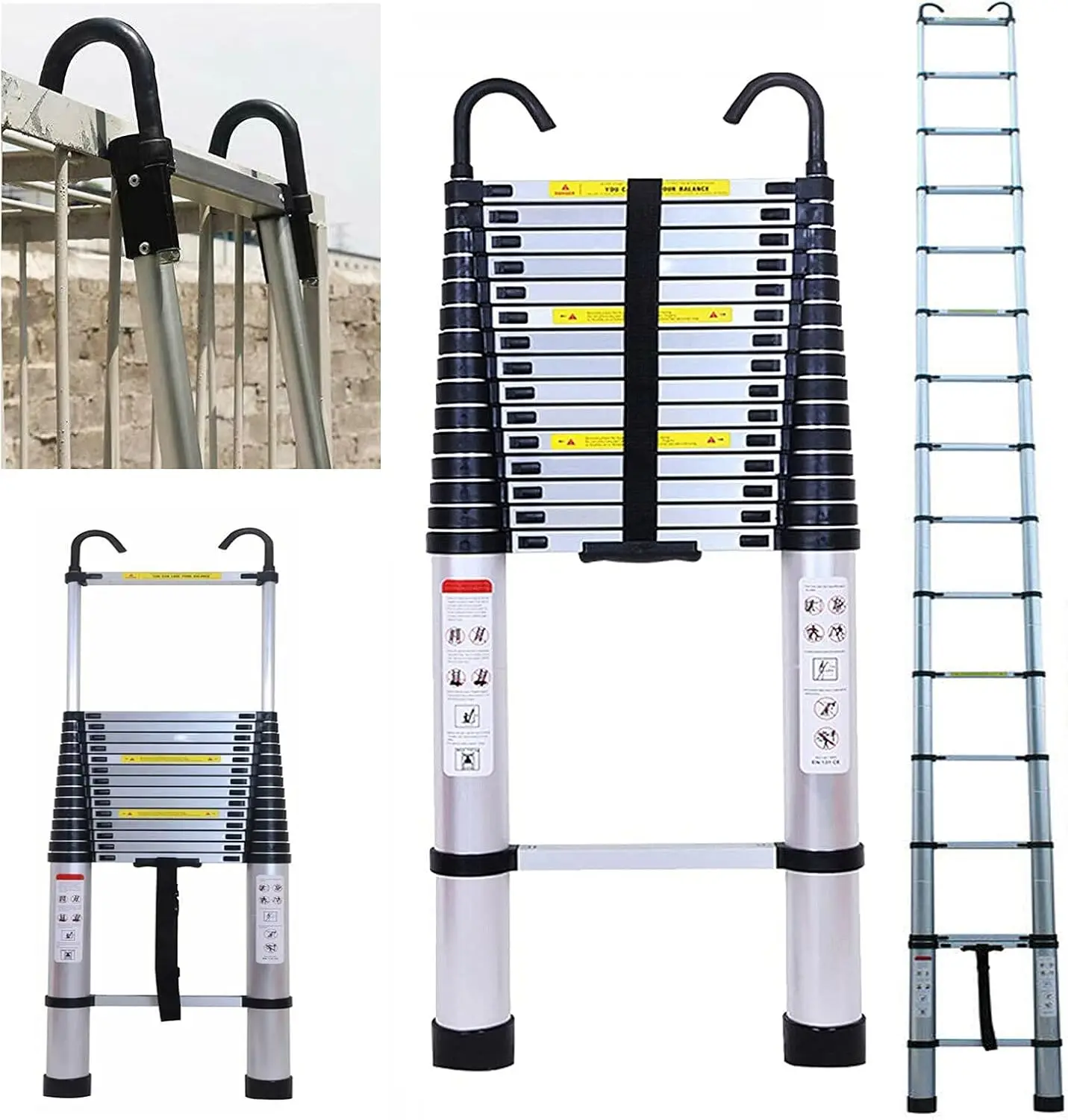 Ladder 20.34 FT Telescoping Ladder with 2 Detachable Hooks & Rubber Feet Aluminum Multi-Purpose Extend Folding Step Ladders