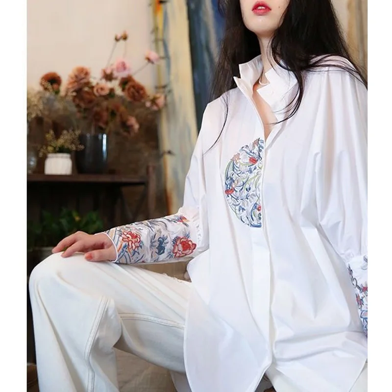 2023 New Spring and Autumn New Chinese Standing Collar Loose Relaxed Chinese Style Retro Heavy Industry Embroidered Shirt