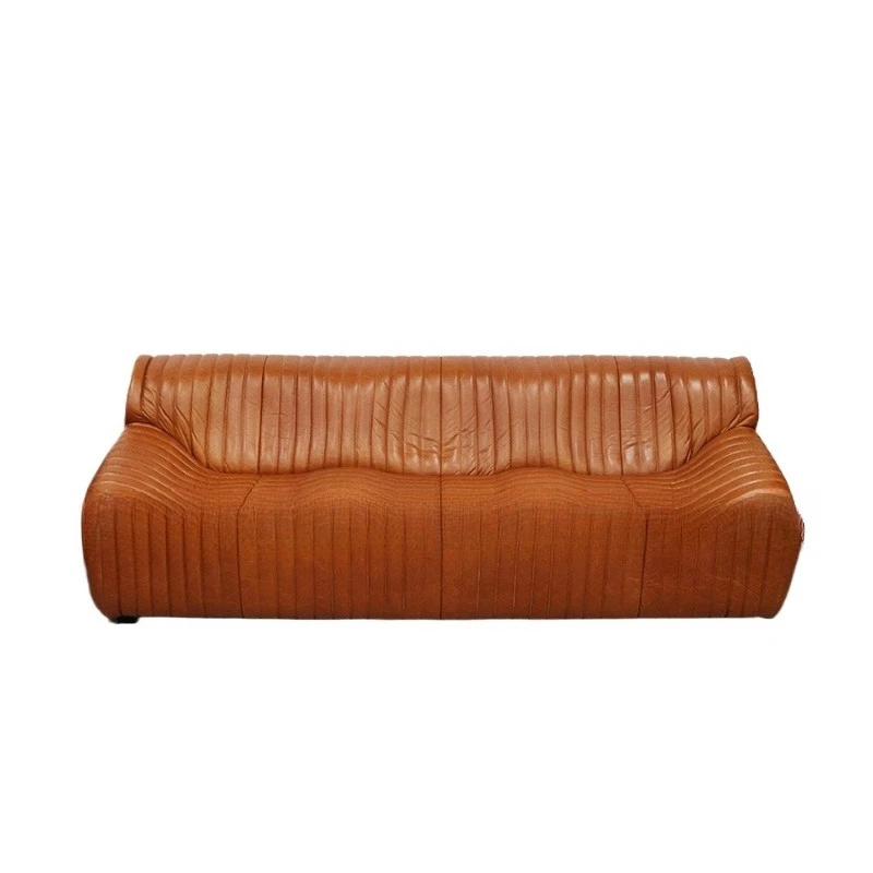 Medieval leather sofa, wavy American oil wax leather straight row three-person retro leather sofa