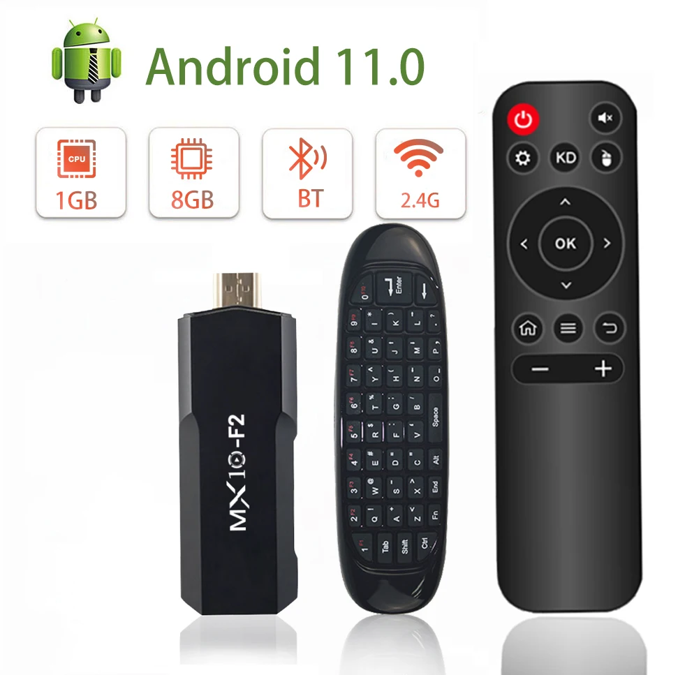 Keyboard Nirkabel Mini dan Android TV Stick MX10 F2 Kit DDRIII 1GB EMMC 8GB Android 11 Fly Air Mouse Remote Control