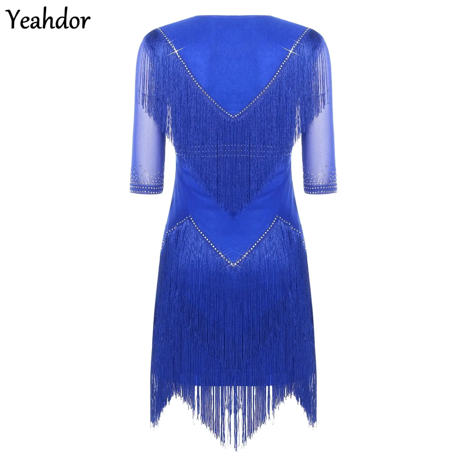 

Womens Glittery Sequin Latin Dance Dress Ballet Jersey Rhinestone Tiered Tassel Half Sleeve Dress Tango Cha-cha Salsa Dancewear