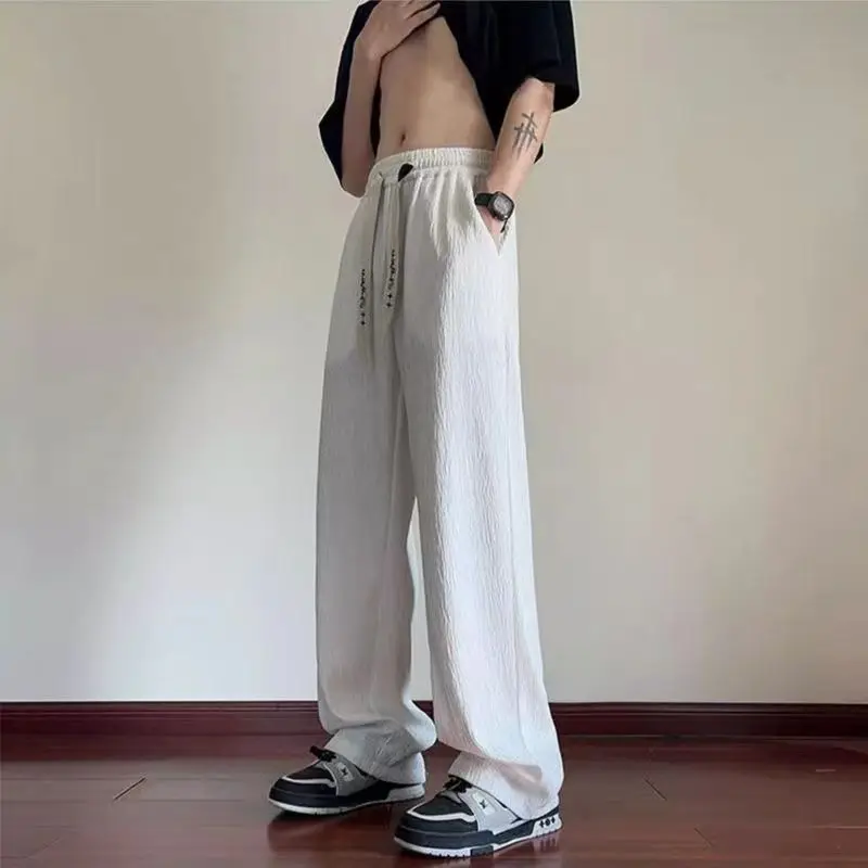 Men's Ice Silk Pants Summer Thin Loose Fit Wide Leg Casual Trousers Trendy Straight Leg Sports Pants