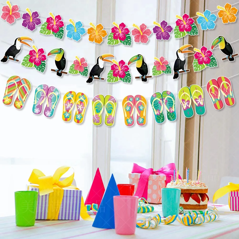 Hawaiian Decoration Summer Beach Garlands Flamingo Flower Bird Birthday Paper Garland Happy Aloha Luau Party