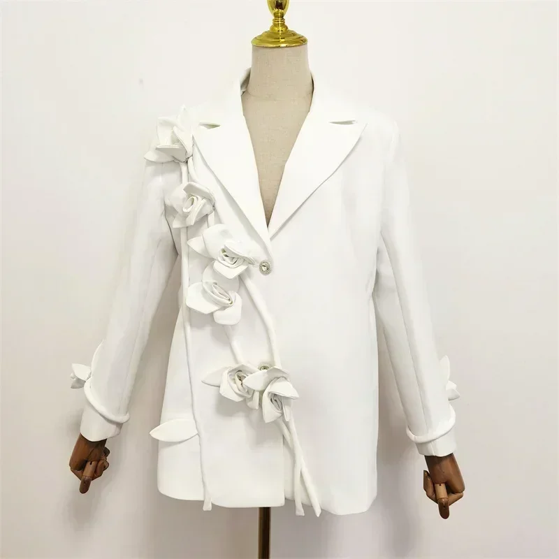 Plus Size 2024  All Season Women New Fashion Notched Long Sleeve 3d Rose Flower Appliques Button Loose Casual White Blazer