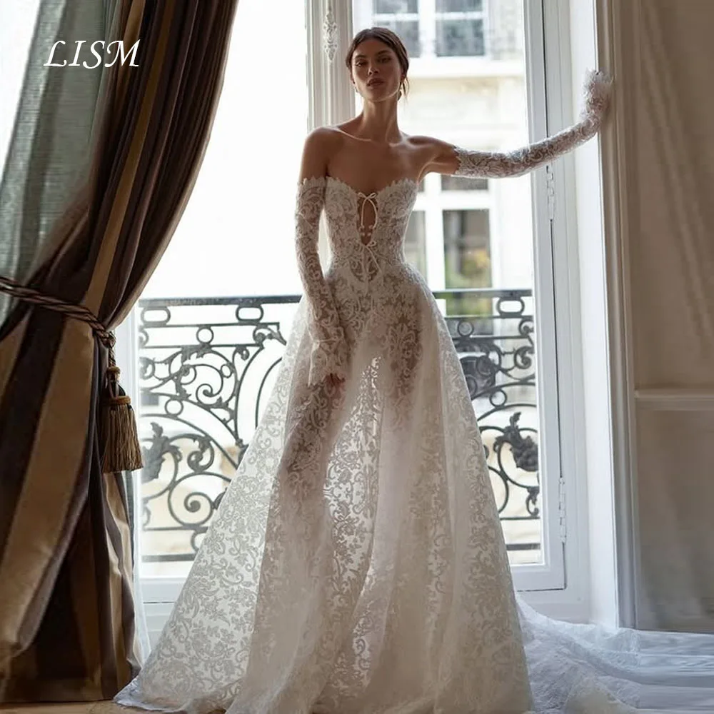 LISM สวีทฮาร์ทเอ-ไลน์ชุดแต่งงานแขนยาวผ้าไหมลูกไม้ยาวสง่างามชุดเจ้าสาวที่กำหนดเองโรบ เดอ มารีเอ การแต่งงาน
