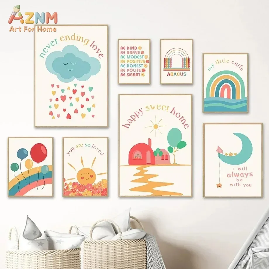 AZNM Pastel Boho Nursery Canvas Wall Art Rainbow Sun Moon Cloud Cute Positive Quote Landscape Kids Bedroom Unframed Canvas Decor