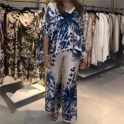 2 Pcs/Set Blouse Pants Set Short Sleeves Floral Print Dolman Sleeve Wide Leg Loose Elastic Waist Trousers Casual Outfit Woman