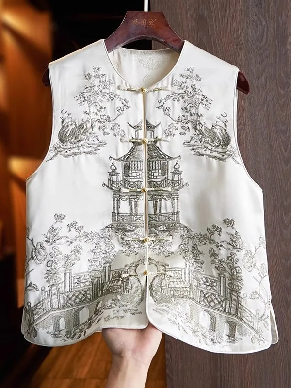 

Черный шелковый жилет Mom Jaet Svel с вышивкой, женский летний топ в китайском стиле, универсальный круглый топ на одной пуговице