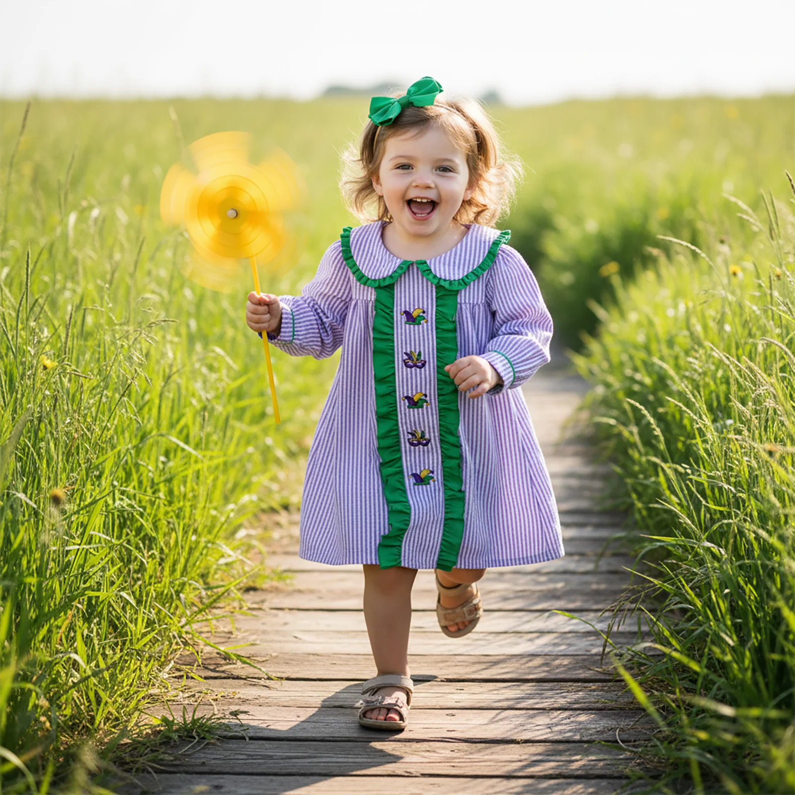 1-5Y Toddler Baby Girl MardiGras Dress with Bow Headband Embroidered Striped Doll Collar Long Sleeve A Line Carnival Dress