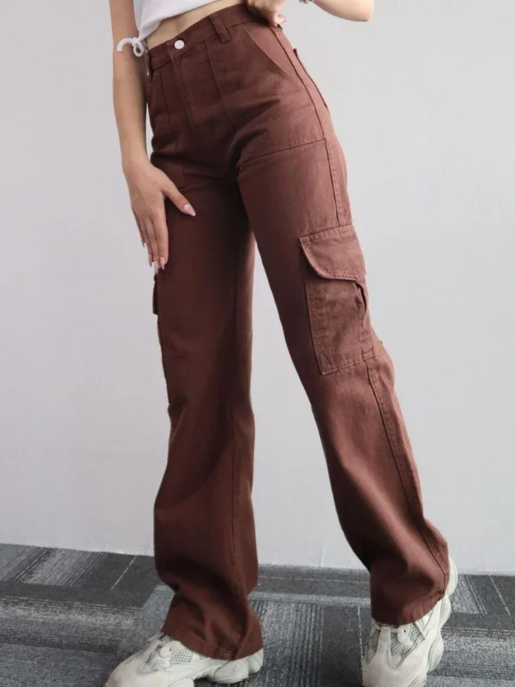 New Straight Cargo High Waist Baggy Trousers Casual Wide Leg Slim Vintage Streetwear Pocket Fashion Women Casual Pants