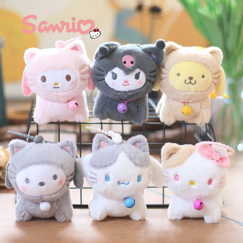 10cm Sanrio Characters Transforming Into A Cat Plush Toy Keychain Cute Hellokitty Kuromi Pendant Doll Accessories Kids Gift