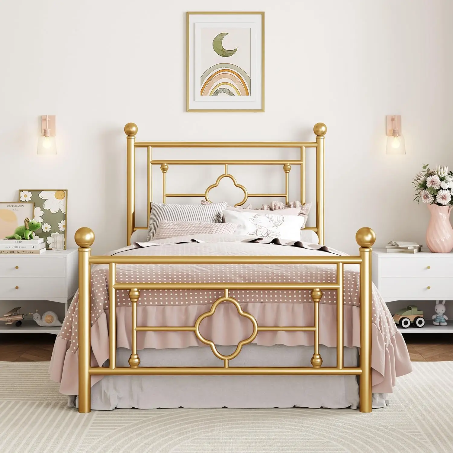 

14 Inches Twin Size Metal Platform Bed Frame/Vintage Iron-Art Headboard and Footboard/Mattress Foundation/No Box Spring Neede
