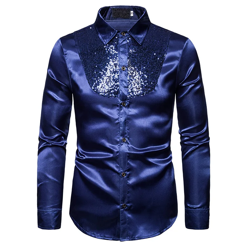 Mens Shiny Sequins Silk Satin Dress Shirts White Long Sleeve Button Up Shirt Men Disco Party Stage Singer Prom Camisa Masculina