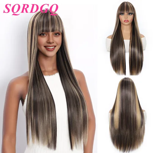 SQRDGQ-Peluca de cabello sintético para mujer, cabellera femenina de Color Piano # P4/27, de 30 pulgadas, recta con flequillo, para fiesta y Cosplay