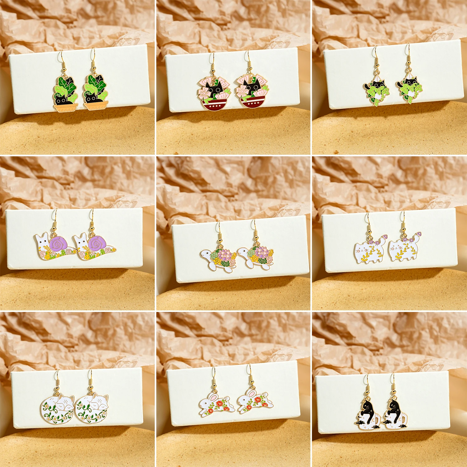 Cute Green Potted Cat Earrings for Women Fashion Enamel Flowers Rabbit Tortoise Snail Fox Earring Sweet Girls Gift Jewelry