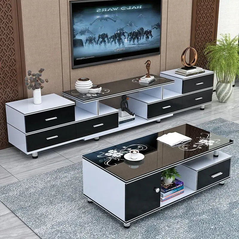 Living room TV cabinet coffee table combination simple modern tempered glass TV cabinet telescopic multi-functional floor